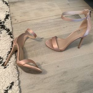 Faux satin strap heels